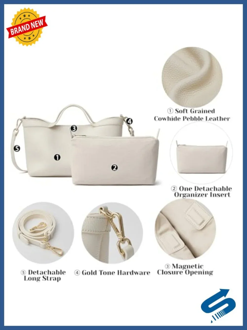 Genuine Leather Satchel Purse with Organizer Insert & Detachable Strap